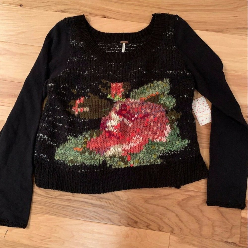 Free people Mixed Media Floral Sweater Rose